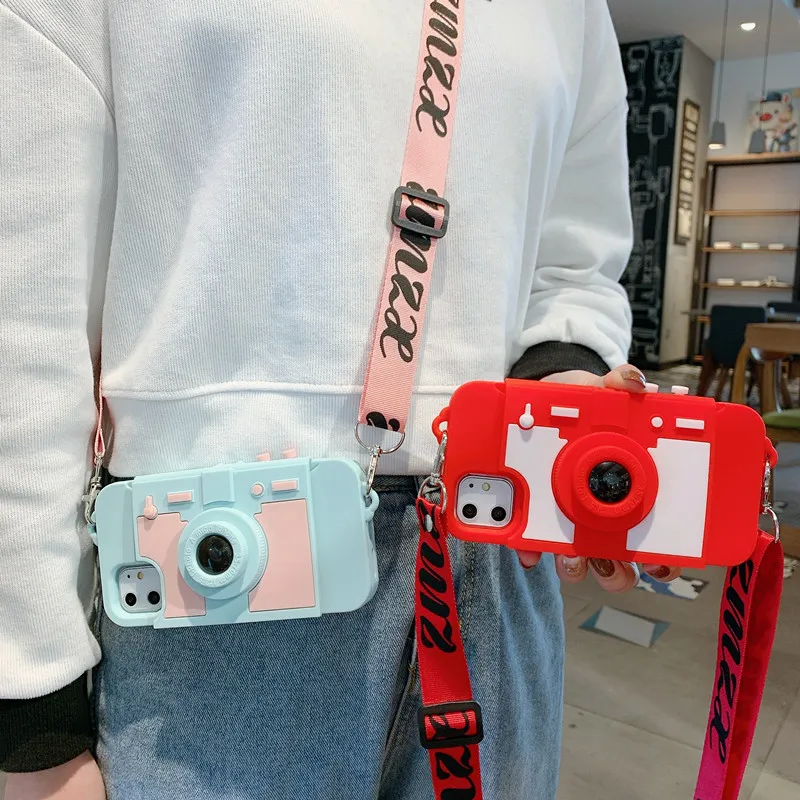Lovely 3D Camera Soft Silicone Crossbody Strap Phone Case for IPhone 13 12 11 Pro Max 6s 6 8 7 Plus X XR XS Max Phone Case For IPhone 12pro 13Pro