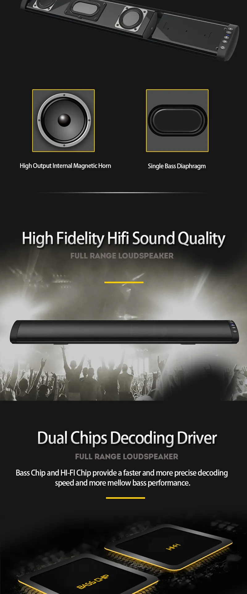 Freeshipping Bluetooth 5.0 FM Soundbar Draadloze Luidspreker 20W Home Theatre Column Surround Sound System Stereo Wand-gemonteerde luidspreker