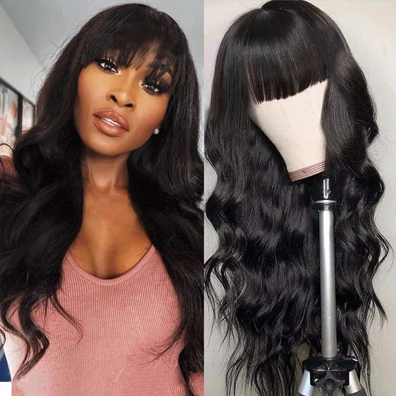 Long Black Body Wave Wigs With Full Bangs Virgin Brazilian None Lace Wig 150% Density Glueless Machine Made Fashion Black Women 22inches