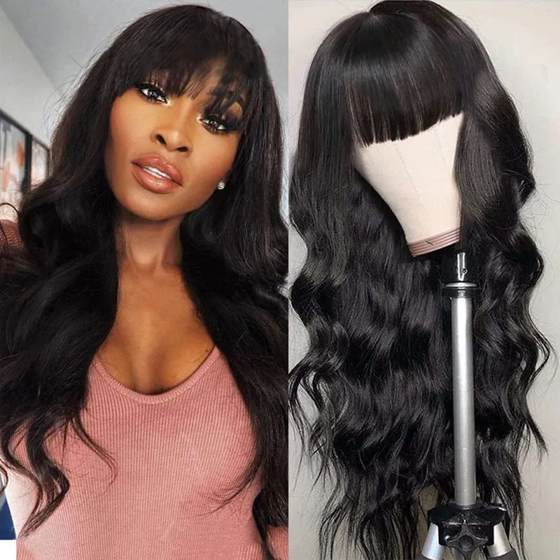 Lange Zwarte Body Wave Pruiken Met Volle Pony Maagdelijke Braziliaanse Geen Kanten Pruik 150% Dichtheid Lijmloos Machinegemaakt Mode Zwarte Vrouwen 22inch