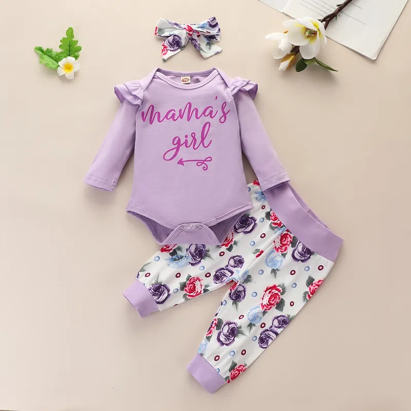 Autumn Baby Clothing Sets Long Sleeve Letters Print Romper Top + Leopard Floral Pants + Headbands Boutique Newborn Outfits M2550