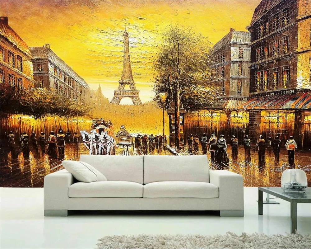 3D-Landschaftstapete, goldener Retro-europäischer Stil, Frankreich, Paris, Eiffelturm, romantische Landschaft, dekorative 3D-Wandtapete aus Seide