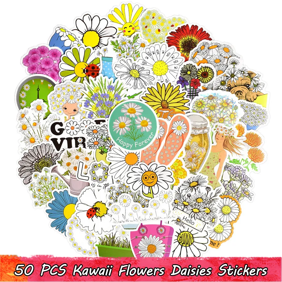 50 stks kawaii bloemen daisy waterdichte vinyl stickers pack voor kinderen tieners volwassenen naar DIY laptop water fles bagage plakboek fiets Guita