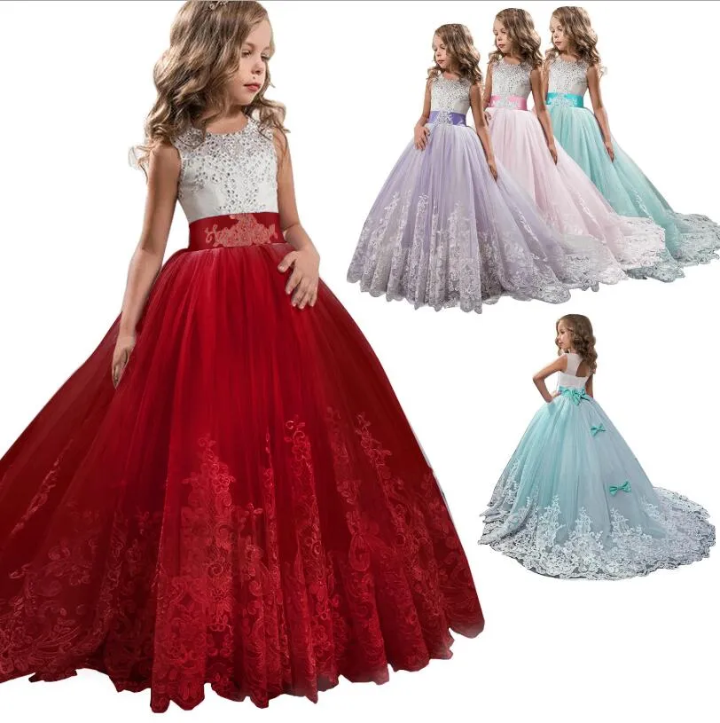 Kids Girls Party Dress Wedding Princess Lace Evening Gown Dresses Bithday Gift Pageant Dress Lace Appliques Back to school uniform