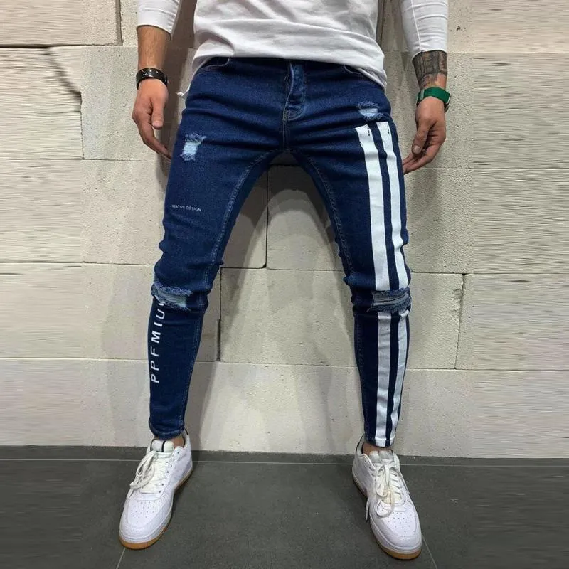 Mannen Jeans Trendy Mannen Skinny Biker Vernietigd Gerafeld Fit Denim Gescheurde Broek Zijstreep Potlood Hip Hop Streetwear