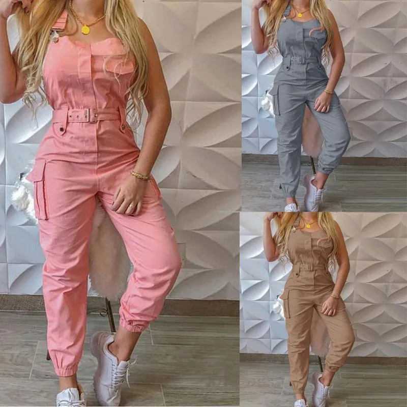 New Khaki Pagliaccetti Womens Jumpsuit Pockets Long Eleant Belt Senza maniche Cinturino regolabile Hih Vita Cotton Fashion Summer # T2G