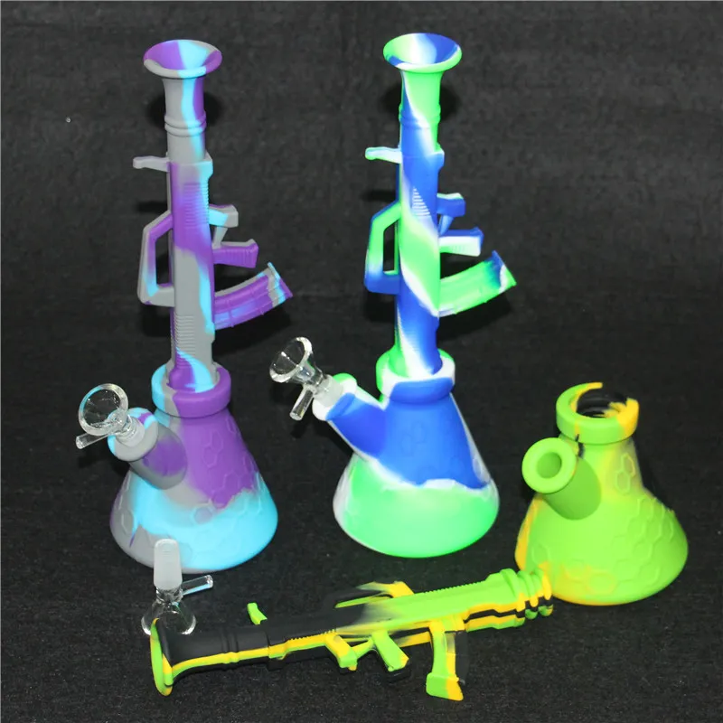 Bruciatore olio a forma di pistola al silicone Ak47 con tubo di gorgogliatore di acqua di vetro FDA H47 altezza da 280 mm giaccino nettare shisha dab bong