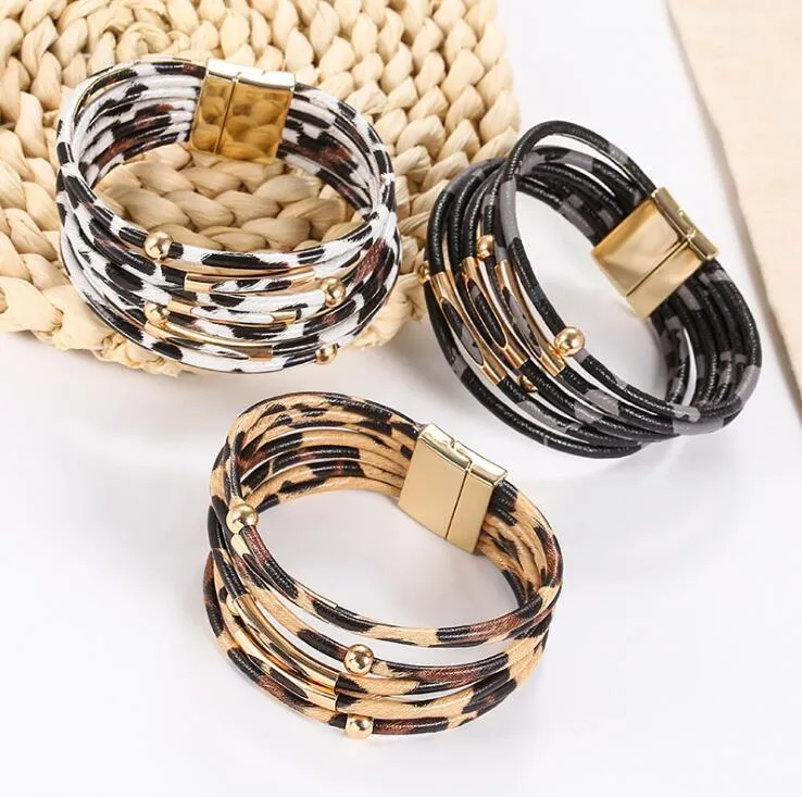 Bracelet en cuir PU fait à la main avec boucle magnétique pour femmes, Bracelets léopard à la mode, multicouches, larges, 2020