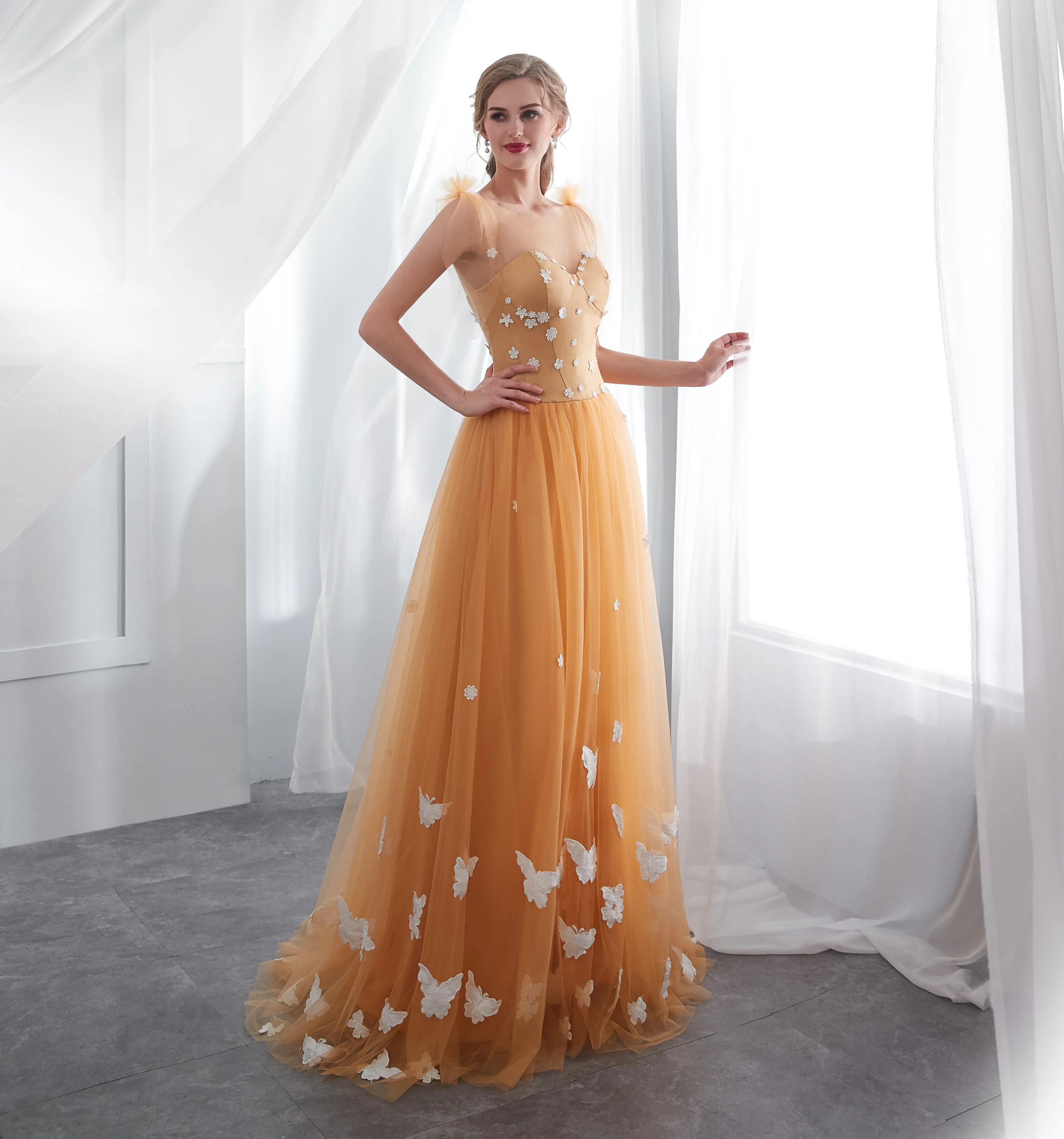 strapless open back dress Neon Orange Sequins One Shoulder Cape Long Prom Dress – FancyVestido main image 0