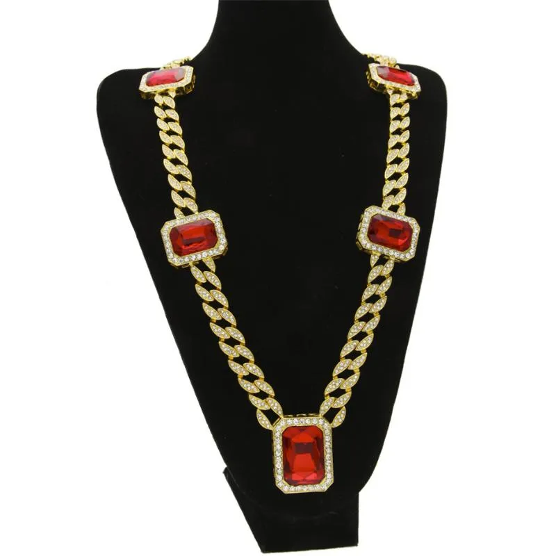 Chains Men'Miami Cuban Link Necklace Gold Silve Color 5pcs Square Red Gem Crystal 30 Full Rhinestone Hip Hop Rock Jewel249A