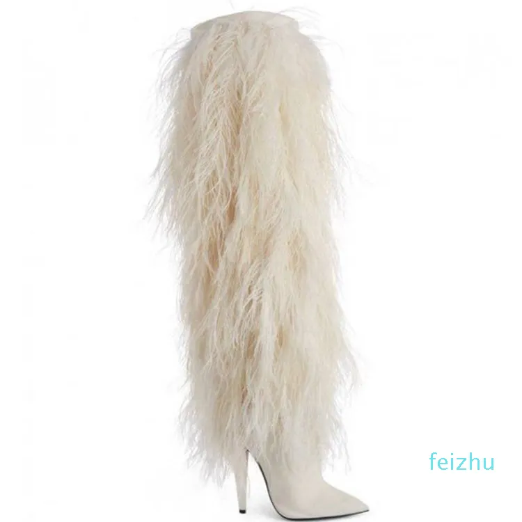 뜨거운 SALE-2018 새로운 패션 부츠 지적 발가락 흰색 모피 하이힐 겨울 여성 허벅지 높은 부츠 여성 신발 botas 파티 신발