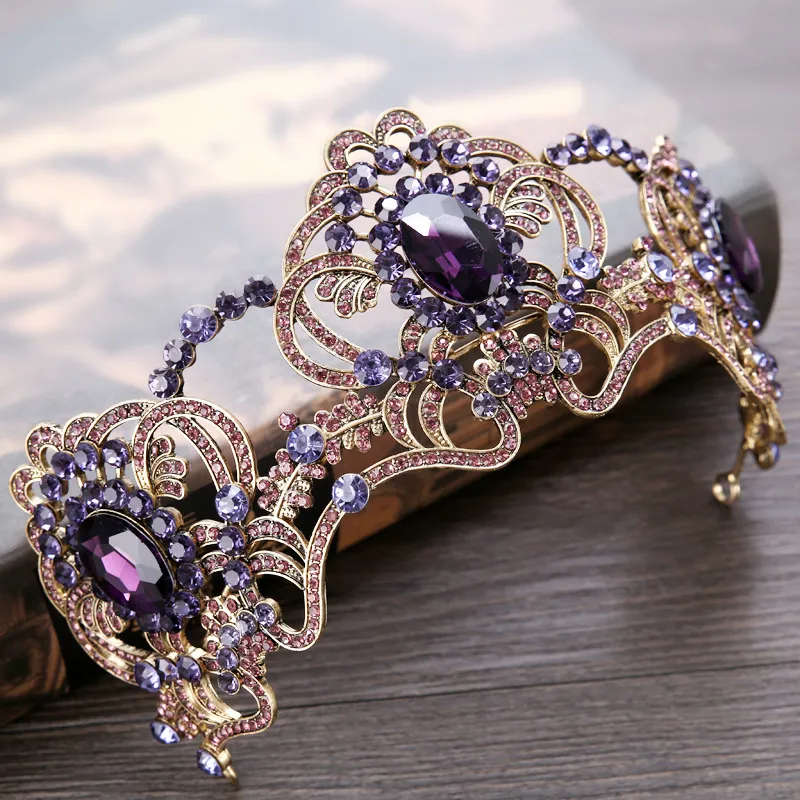 Purple Flower Crystal Bridal Tiara: Gold Rhinestone Crown  display picture 3
