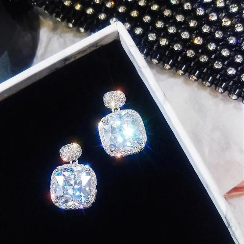 Sweet Cute Stunning Luxury Jewelry 925 Sterling Silver Cushion Shape White Topaz CZ Diamond Gemstones Drop Earring Women Dangle Earring Gift