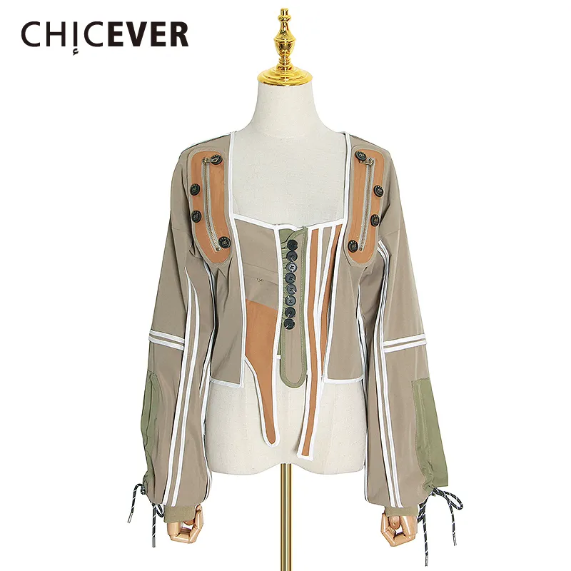 女性のジャケット CHICEVER パッチワークヒットカラー不規則なコート女性のためのスクエアカラーランタンスリーブレースアップ女性 2021 ファッション服