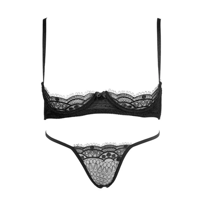 Womens Sexy Open Shelf Bra Push Up Lace Lingerie Crotchless Underwear  Panties