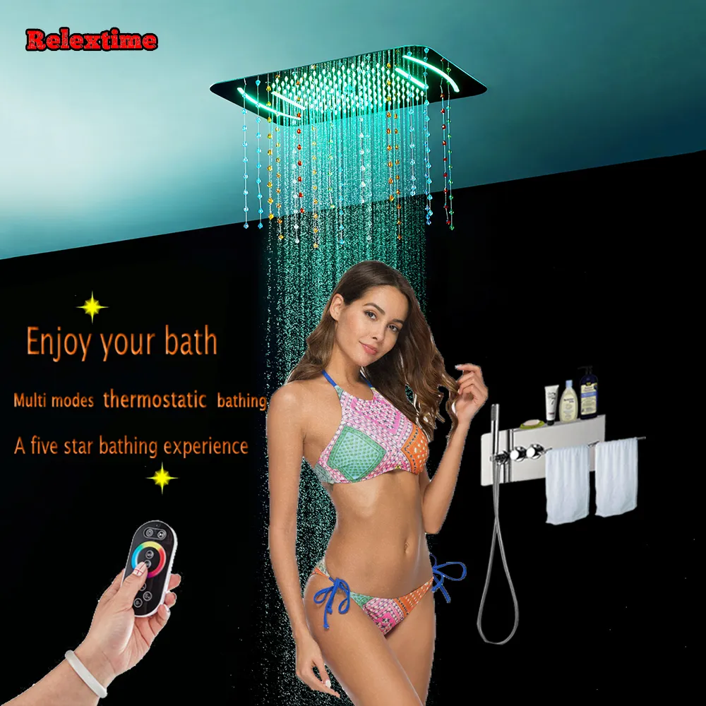 욕실 온도 조절 숨겨진 샤워 패널 수건 선반 크리스탈 석영 노즐 빛 LED 천장 샤워 헤드 비 폭포 JJ5301