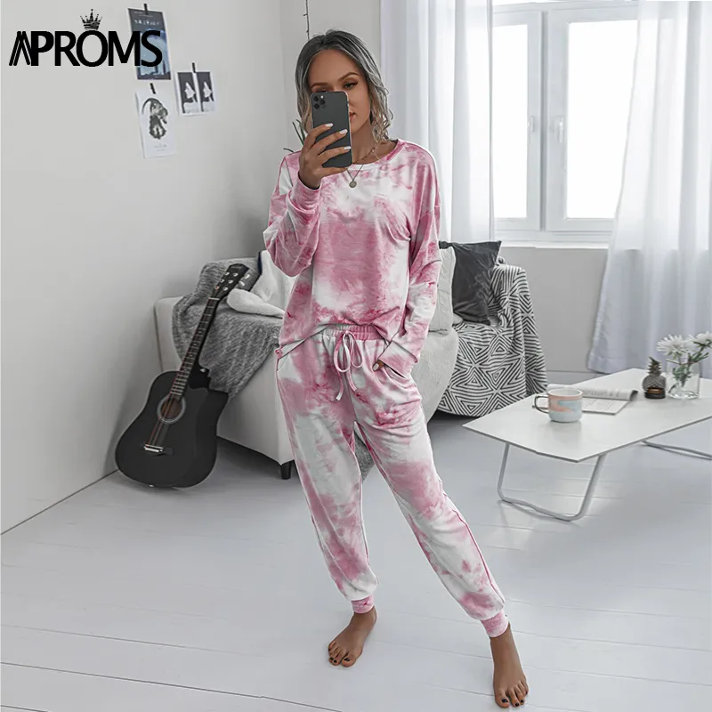 aproms 우아한 핑크 프린트 트랙스 여성 2 조각 세트 캐주얼 탑과 바지 가을 Loungewear 후드 슈즈 여성 의류