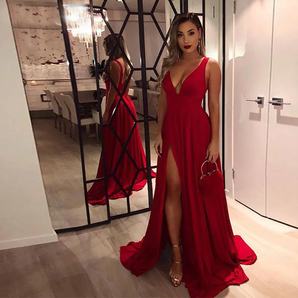 Novo Sexy Abiye Gece ElbiseSi Vestidos de Noite para Mulheres V-Pescoço Alto Side Slit A-Line Sem Mangas Simples Vestido de Prom vermelho