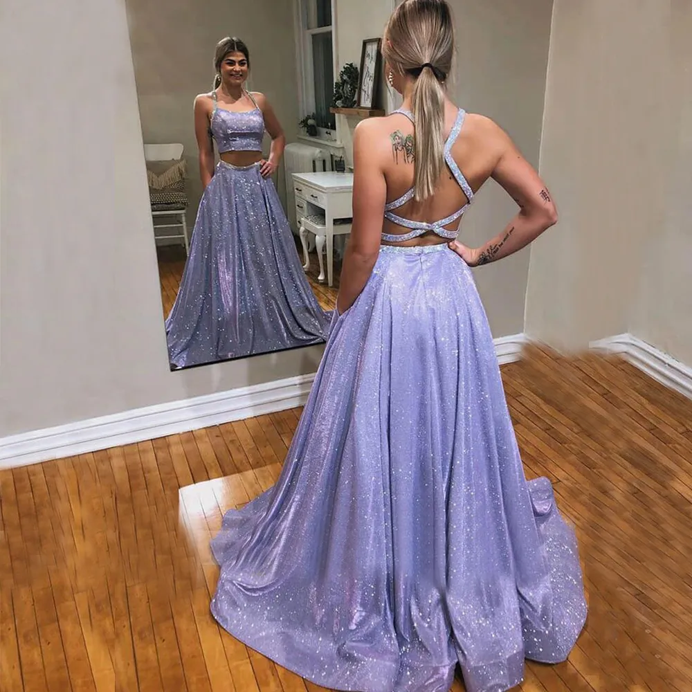 2 peças glitter vestidos de baile roxo sleeveless spaghetti cinta transversal cinta de volta longos vestidos de festa de noite formal robe de soiree