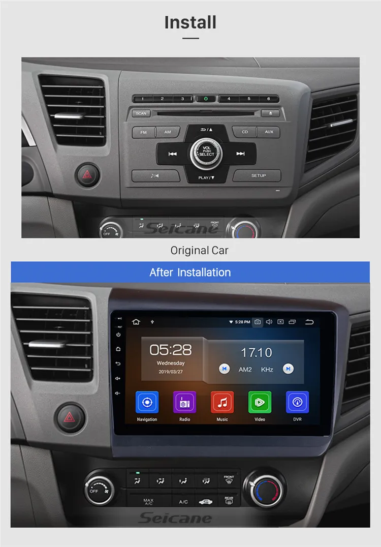 10.1 inch Android 9.0 GPS Navi Stereo for 2012 Honda Civic with Bluetooth Carplay WIFI support 3G WIFI DAB  OBD2 SWC