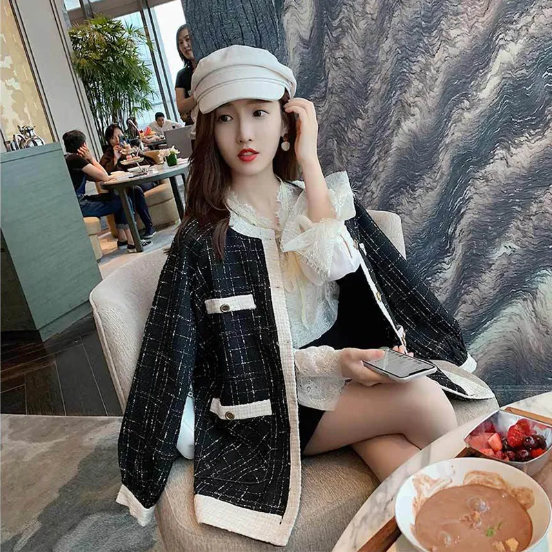 Cappotto da donna elegante autunno nero bianco color block tweed di lana sciolto medio lungo casacos plus taglia S M L XL