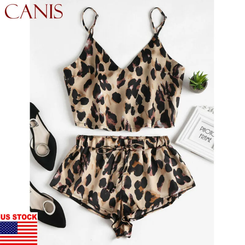 2020 Nieuwe Sexy Dames 2 stks Dames Luipaard Stijl Zomer Satijn Kant Nachtkleding Pak Babydoll Lingerie Nachthemd Pyjama Set