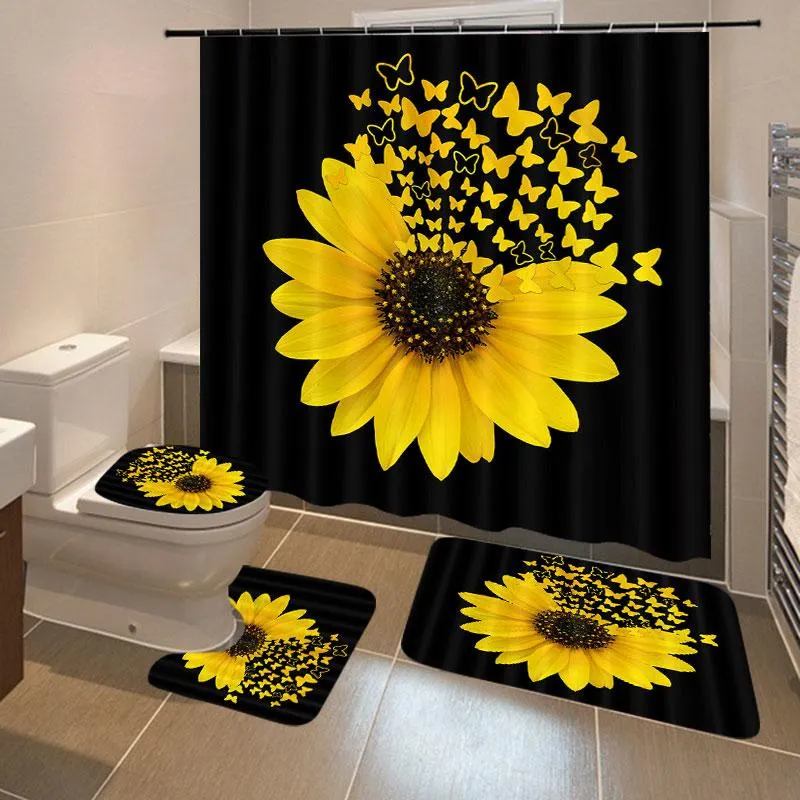 Sonnenblumen-Schmetterlings-Druck-Duschvorhang, wasserdichter Badezimmer-Vorhang, WC-Abdeckung, Matte, rutschfestes Teppich-Set, Badewannen-Dekoration