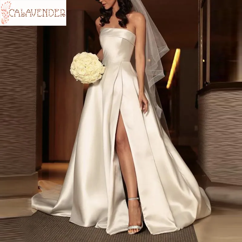 Vestidos De Novia Satinados De Alta Calidad Sin Tirantes A Line Tronco