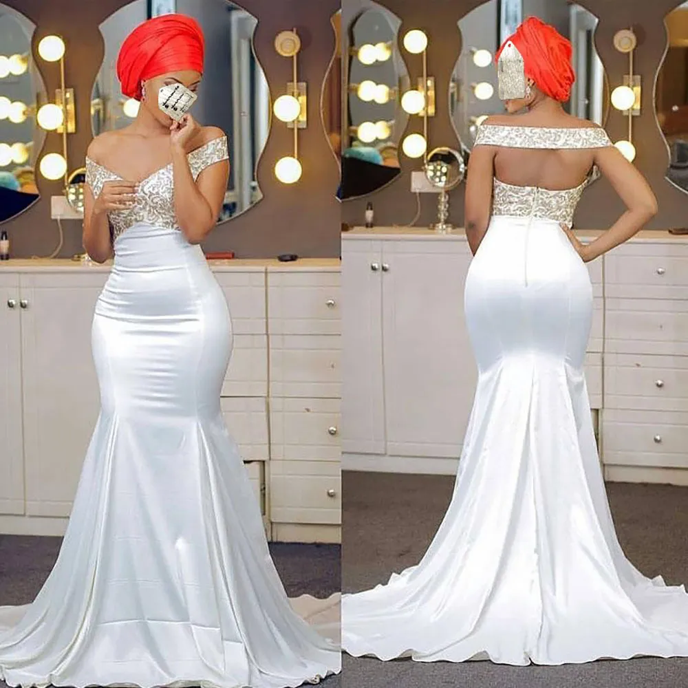Vestido De Festa White Suknie Eleganckie Off Ramię Długa Szata De Soiree African Suknie Wieczór Korant Sukienka Zroszony