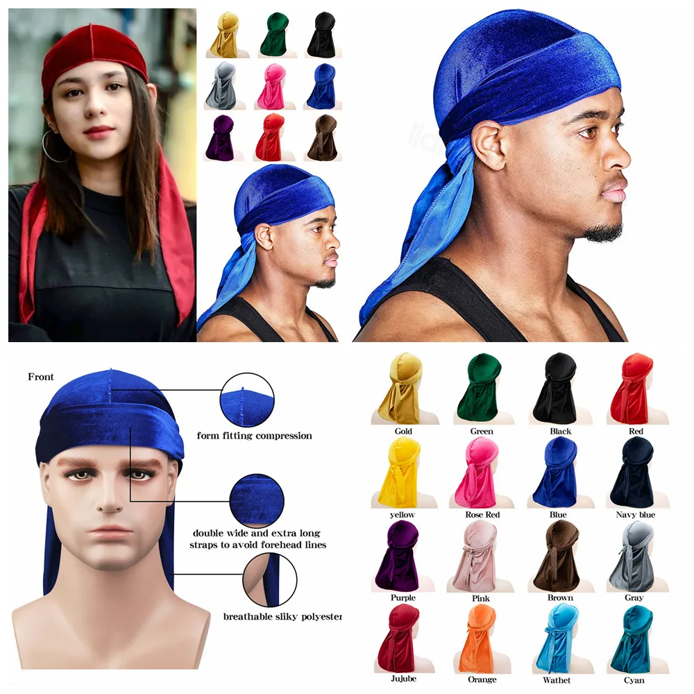 للجنسين المخملية Durags باندانا العمامة قبعة القراصنة القبعات الباروكات Durag السائق أغطية الرأس العصابة الرياضة في الهواء الطلق القبعة إكسسوارات الشعر FFA4398-5