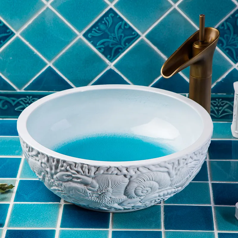 China Pintura Artística Handmade lavagem cerâmica lavatório bacia pia do banheiro Contador topo pintado pia chinese