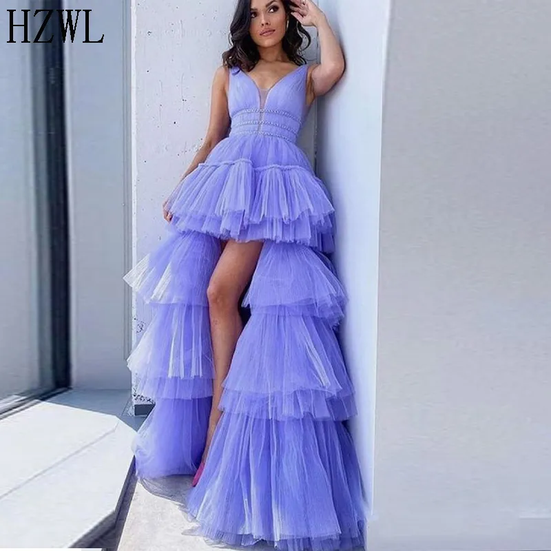 Abiti da ballo in tulle a strati con spacco color lavanda con scollo a V Matrimoni africani Ricevimenti Abiti da sera formali High-Lo per abiti da festa