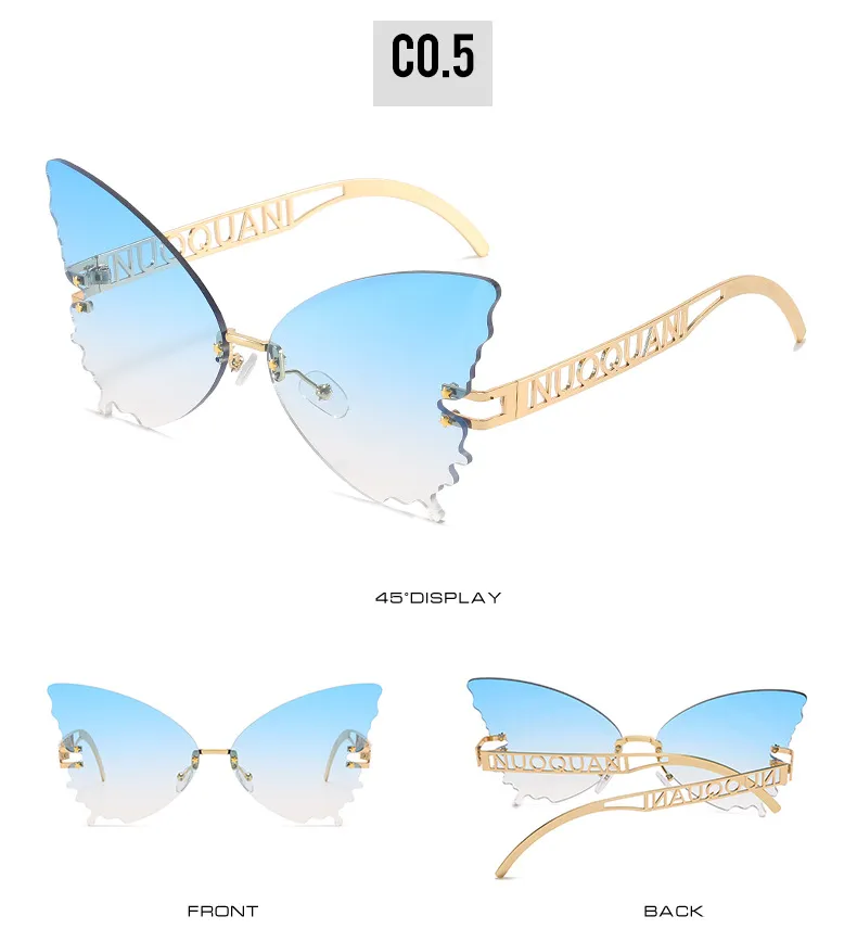 Butterfly Solglasögon Milano Fashion Show Theme Rimless Hollowing Out Temples Roliga Solglasögon Kvinnor