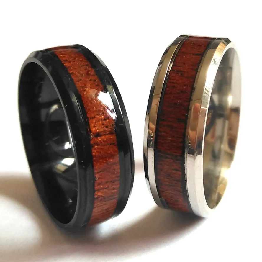 25pcs Silver Black Retro Wood Stainless Steel band Rings Men Women Fashion Finger Rings Wholesale stainless steel Jewelry Lots