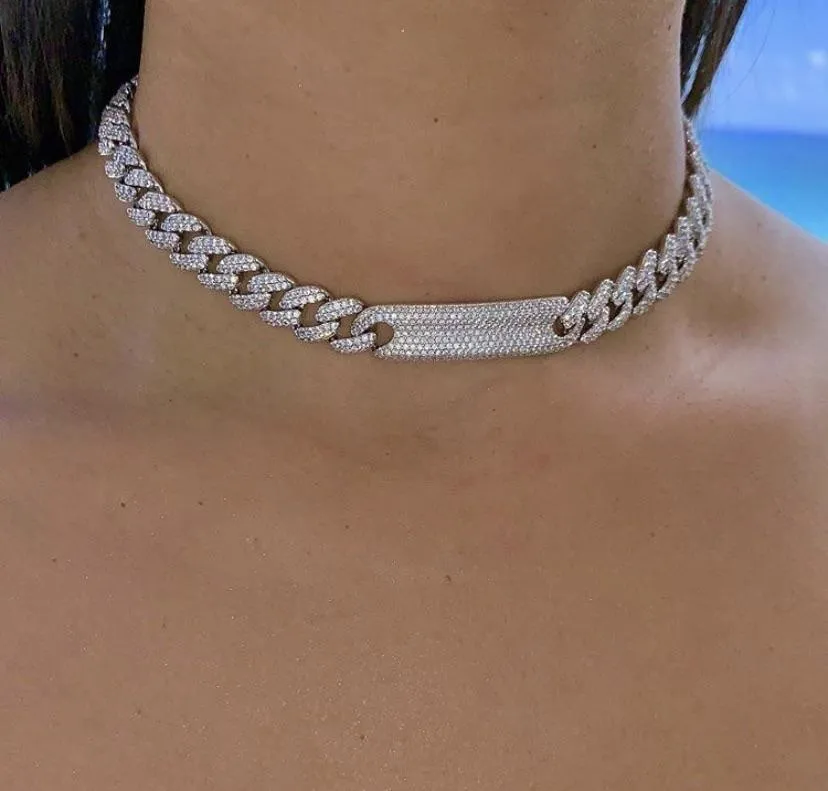 Iced Out Bling 5a Cubic Cyrkonia CZ Miami Kubańska Łańcuch Link Hip Hop Bling Kobiety Choker Naszyjnik 15 "16" Złoty Srebrny Kolor