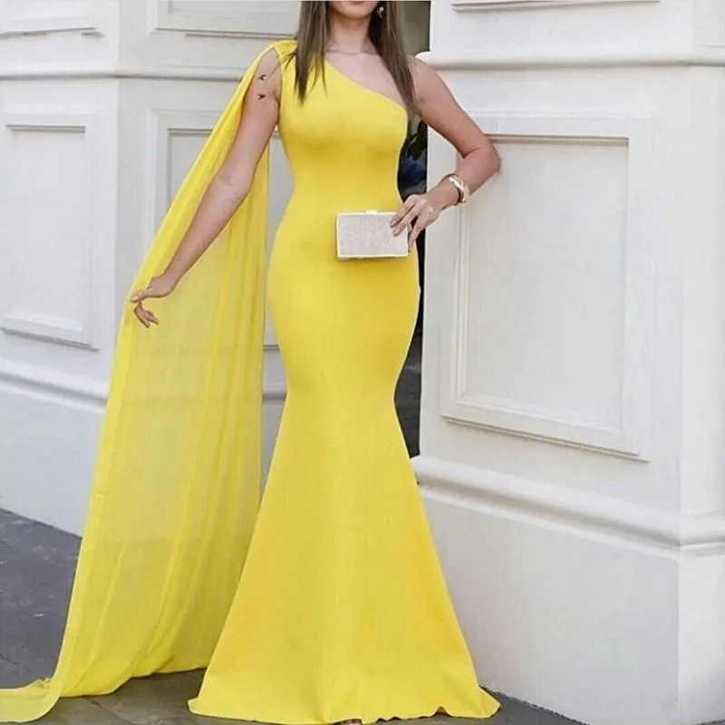 2022 Yellow One Shoulder Mermaid Prom Dresses Simple Women Long Formal Evening Party Gowns vestidos de fiesta Plus Size Special Occasion Dress