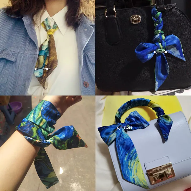Mix Design Magic Hand Bag Scarves Women Small Silk Scarf kerchief Belt Neckerchief Printing Handle Bag Ribbon Female Women Scarves & Wraps