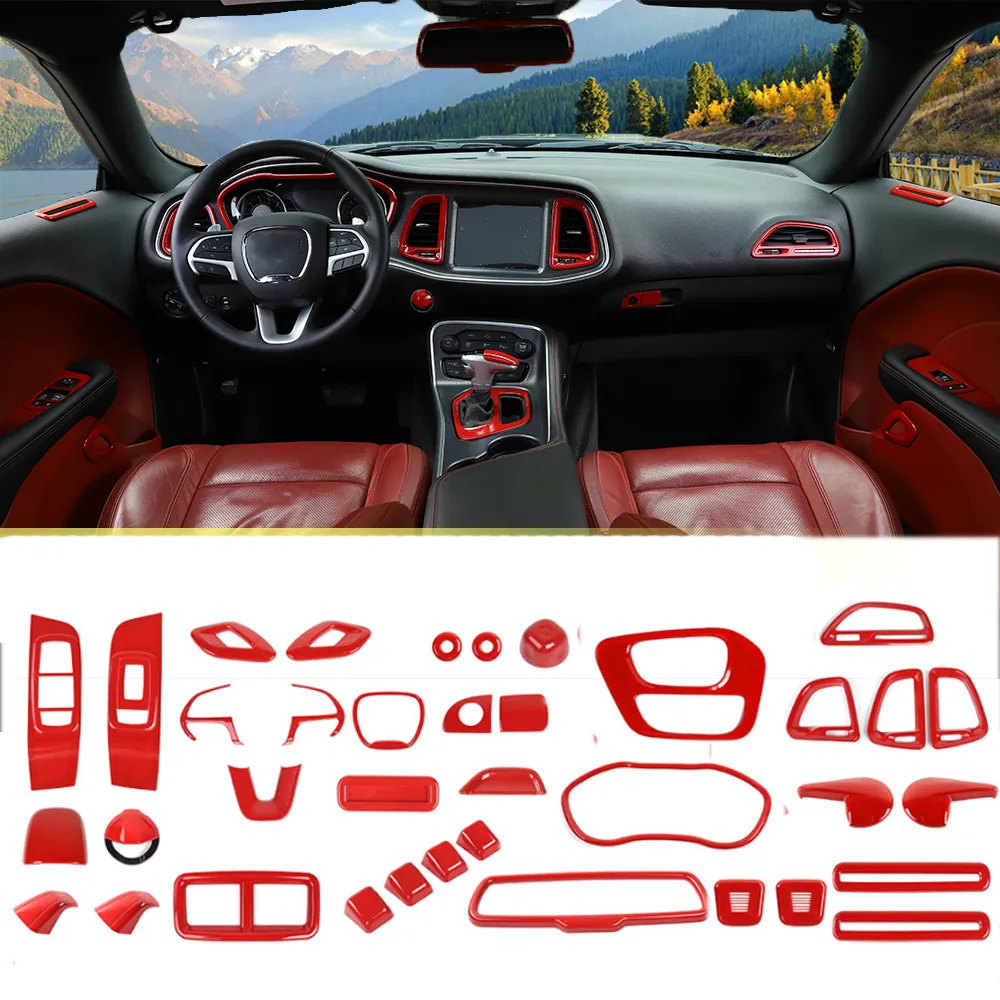 Zestawy wewnętrzne Red Car Central Control Dashboard Kit 37PC dla Dodge Challenger 15+ Akcesoria samochodowe