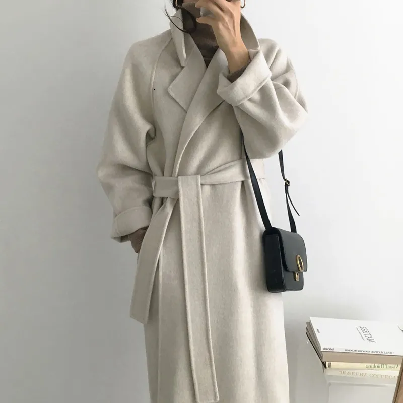 Damskie mieszanki wełniane 2021 jesienno-zimowa minimalistyczna pełna rękaw wełniany płaszcz długi ciepły kolor moda na co dzień luźna