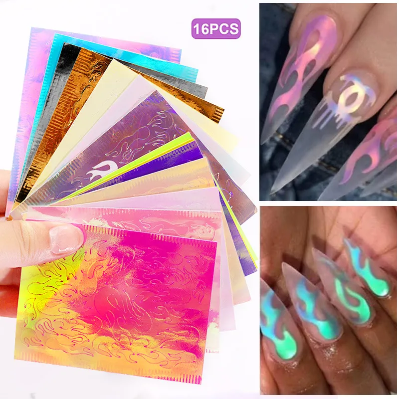 Hot New 16 ark / set aurora flamma nagel klistermärke holografisk färgstark eld reflektioner nagel dekal självhäftande folier DIY nail art decoration