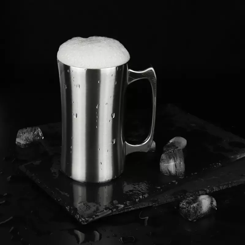POMOTIONEN! 15OZ isolierter Bierkrug aus Edelstahl mit Schiebedeckel, doppelwandiger Reise-Kaffee-Bier-Autobecher v01