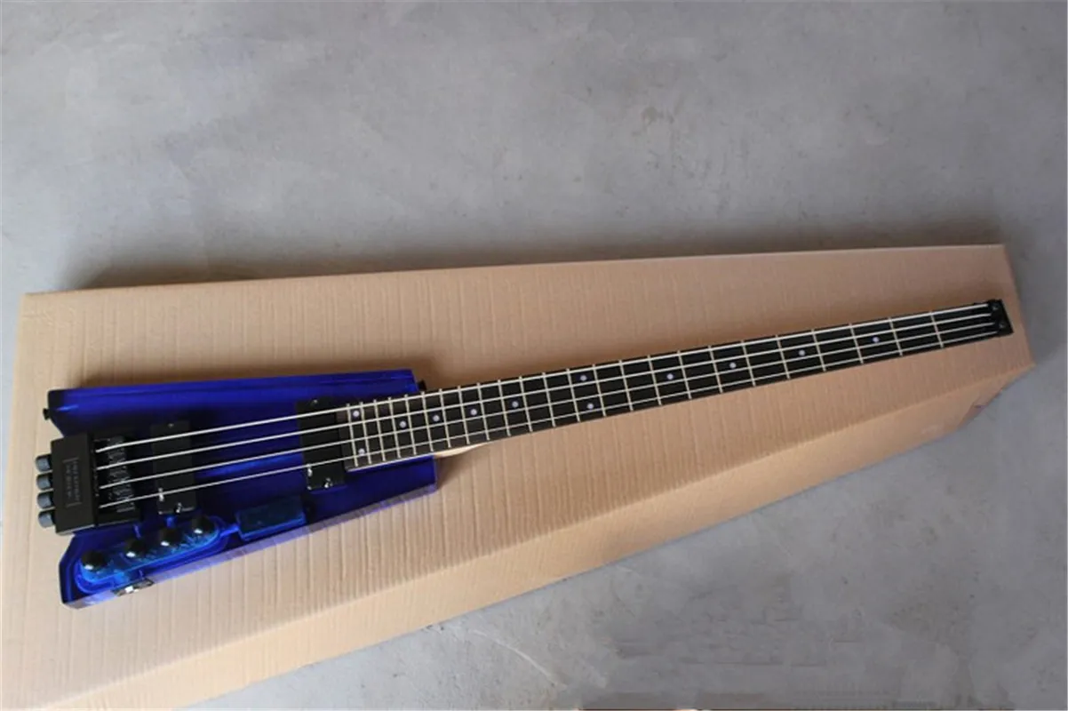 Headless 4 Strings Acrylic Body Electric Bass Guitar with Rosewood Fingerboard,Black Hardware,Can be customized