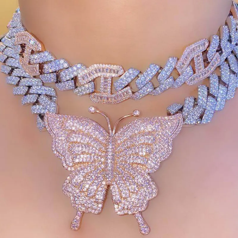 Nytt 15 mm Iced Out Bling CZ Kubansk länkkedja Rose Gold Rosa Butterfly Halsband Silver Färg 2Row CZ Choker kvinnor Hip Hop smycken