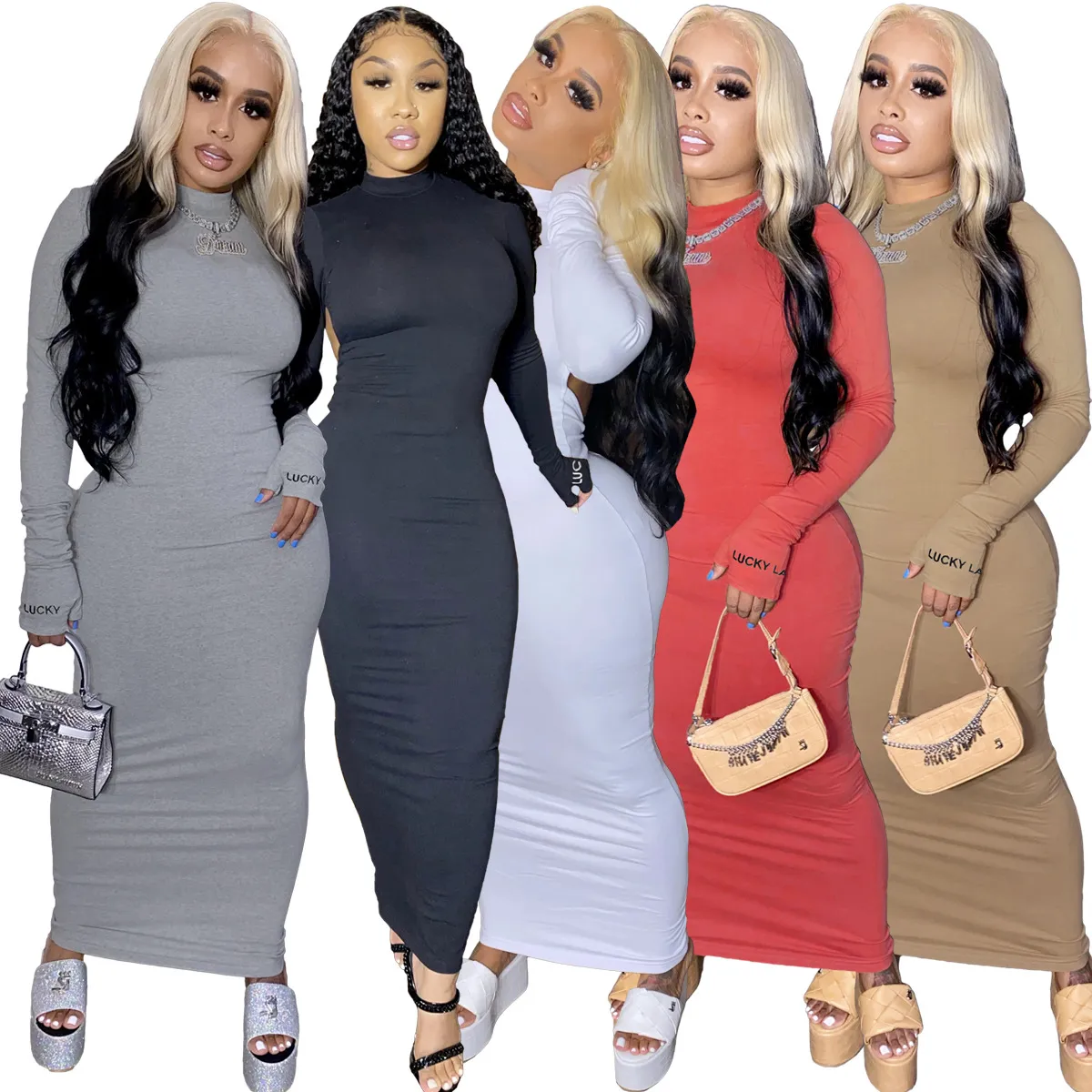 Women Long Sleeve Backless Bodycon Ankle-Length Pencil Dress with Hollow  Out Letter Pattern