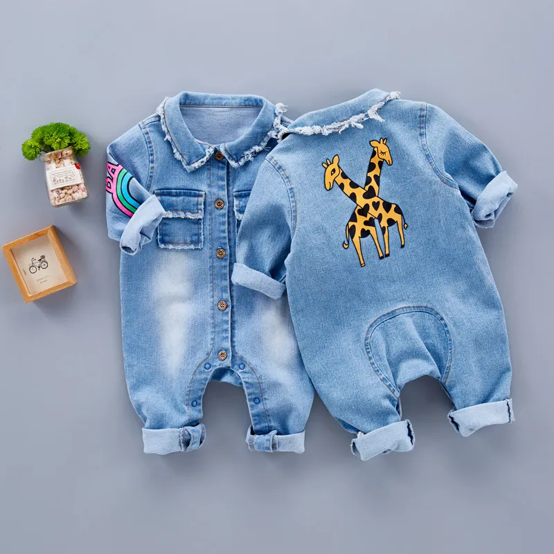 Spring Baby Toddler Long Sleeve Lapel Collar Denim Jeans Giraffe Rainbow Pattern Rompers Kids Infant Jumpsuits roupas de bebe LY083