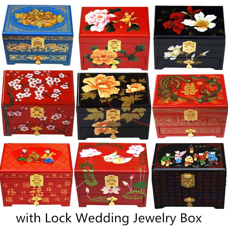 Wedding Gift 3 layer Vintage Wooden Decorative Storage Boxes Drawer Pulls for Jewelry Box with lock Chinese Lacquerware Makeup Watch Cases