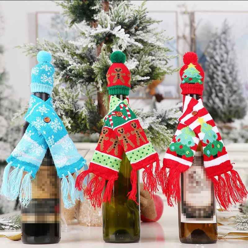 New Knitted Scarf Button Wine Bottle Cover Christmas Ornaments Gingerbread Man Snowflake Tree Scarf Hat Cover