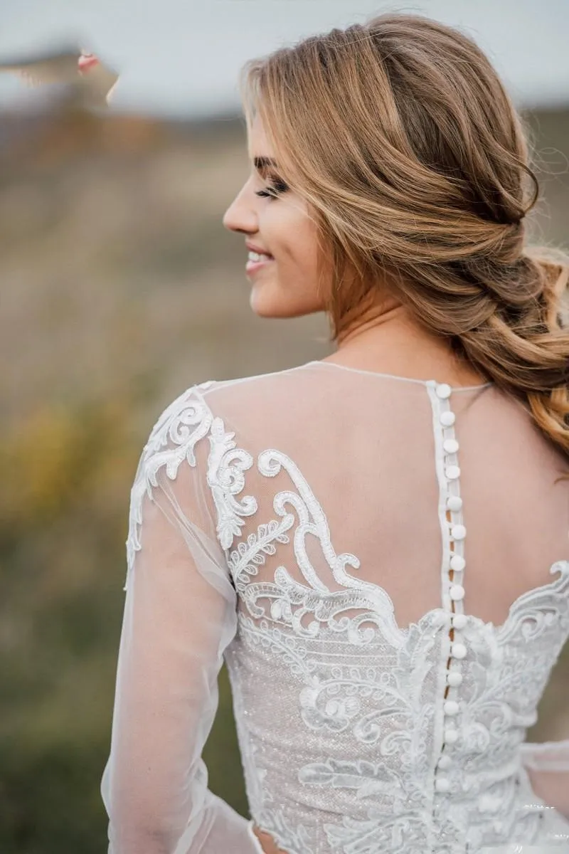 Country Chic: Lace Applique Two-Piece Long Sleeve Dress Wedding with Long Sleeves, Tulle Sheer, Jewel Neckline, and Covered Buttons Back - Vestido de