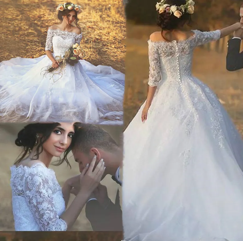 2021 Jolie Une Ligne Pays Robes De Mariée Robes De Mariée En Dentelle Romantique France Blanc Tulle Demi Manches Bateau Cou Robe De Mariée