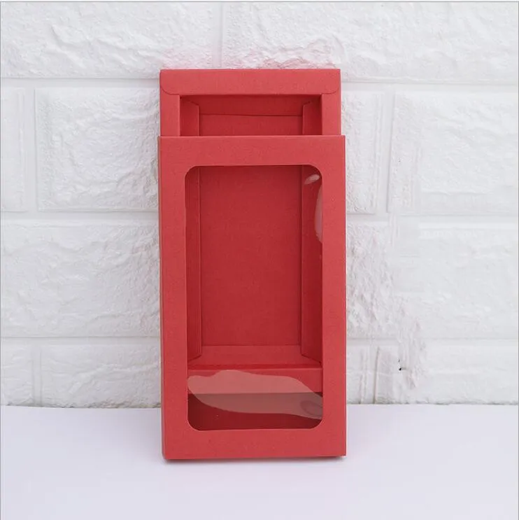 Scatola per imballaggio in cartone Kraft semplice e calda Scatola per cassetti in carta rossa/bianca/marrone/nera con finestra trasparente